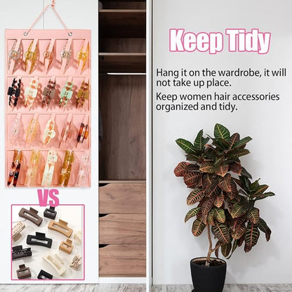 Premium Felt Hanging Claw Clip Organizer - Large Capacity for Girls & Women Hair Clips - Bows Display Stand for Wall, Door or Closet (Pink)