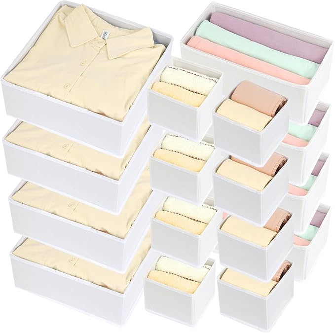 Fordonral 16 Pack Drawer Organizer Clothes, Foldable Fabric Dresser Organizer Closet Organizers and Storage Box for Underwear,Folded Clothes,Baby Clothing,Socks,Bra,Towels,Ties(White)