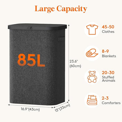 Lifewit 85L Large Laundry Basket with Lid, Laundry Hamper with Plastic Handles and Removable Bag, Foldable Tall Dirty Clothes Hampers for Laundry for Laundry Room, Bedroom, Bathroom, Dorm, Dark Gray