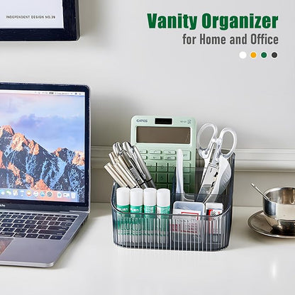 Black Makeup Brush Holder & Organizer for Vanity, Bathroom Countertop - 5 Cup Toiletry Organizer for Skincare, Perfume, Hairbrush, Sunglasses & Desk Accessories