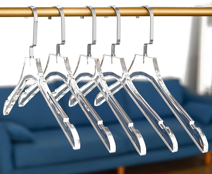 Besser 15 Pack Acrylic Hangers Gold Acrylic Hanger with Clips Premium Quality Crystal Clear Hangers Luxury Dress Suit Hangers(Silver Hook)