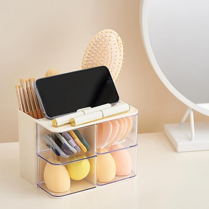 UFORU Hair Accessories Organizer with Hair Brush Holder, 4 Drawer Rotatable Hair Tie Organizer for Makeup Brushes, Hair Clips, Earrings, Necklaces, Bracelets and Hair Accessories, White, 2-Layer
