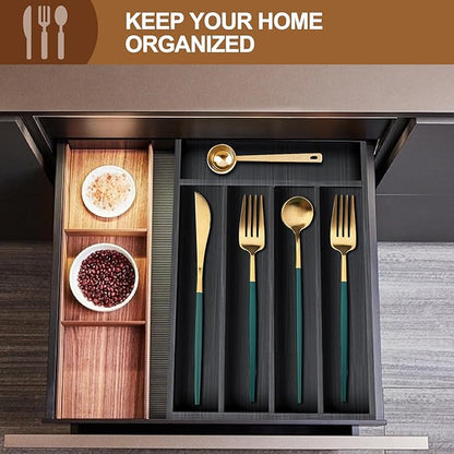 Small Kitchen Utensils Drawer Organizers Black Wooden Cutlery Tray Flatware Silverware Organizer Divider Storage Narrow Wood Silverware Utensil Tray Bamboo Cutlery Fork Spoon Holder for Drawer