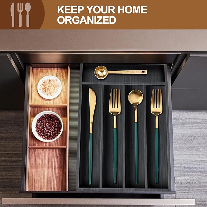 Ayiaren Small Wooden Silverware Organizer Kitchen Utensil Drawer Organizers Narrow Cutlery Tray Black Wood Flatware Organizer for Drawers Spoon and Fork Organizers Bamboo Utensil Holder Drawer Tray