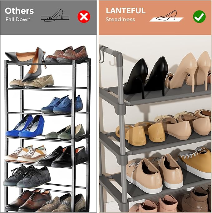 LANTEFUL 3 Tier Shoe Rack for Closet, Shoe Organizer with 5 Hooks, Long Shoe Shelf Storage for Shoe and Boot Stackable Free Standing Shoe Rack for Entryway, Garage, Small Spaces, Dorm, Grey