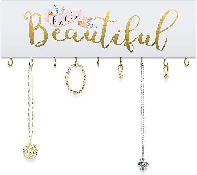 SANY DAYO HOME Hello Beautiful Wall Mount Necklace Holder Organizer with 9 Jewelry Hooks for Ring, Hair Bow, Headband, Purse - Wall Decor for Girls Room