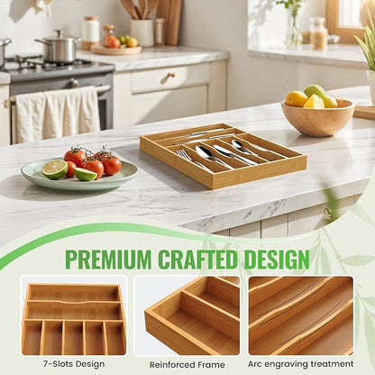 Bamboo Silverware Organizer, Bamboo Kitchen Drawer Cutlery Organizer, Utensil Holder, Flatware Organizer Tray (15.8"x11.7"x1.6")