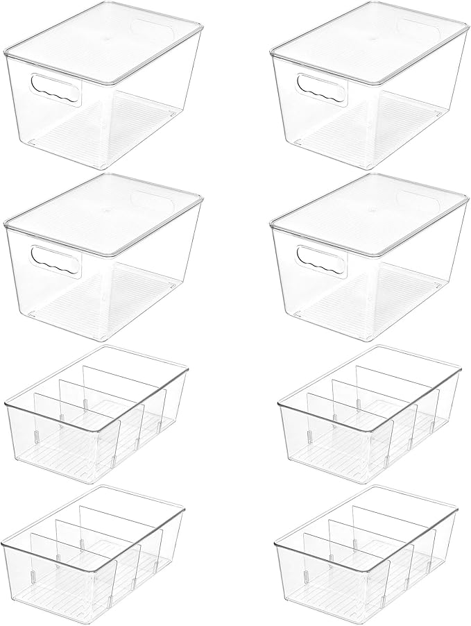 Vtopmart 8 Pack Clear Plastic Storage Bins Set, 4 Large Pantry Organizer Bins with Lids & Handles and 4 Medium Snack Organizer Bins with 4-Compartment for Pantry, Kitchen, Fridge, Cabinet Organization