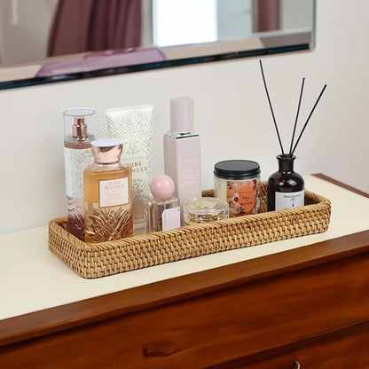 Rattan Bathroom Tray Countertop, Wicker Toilet Tank Basket, Decorative Bathroom Vanity Tray for Decor Coffee Table