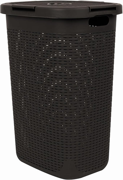 Mind Reader Slim Laundry Hamper with Lid, 60L Tall Clothes Basket, Narrow Tapered Design for Bathrooms, Closets and Laundry Rooms, Plastic, Brown