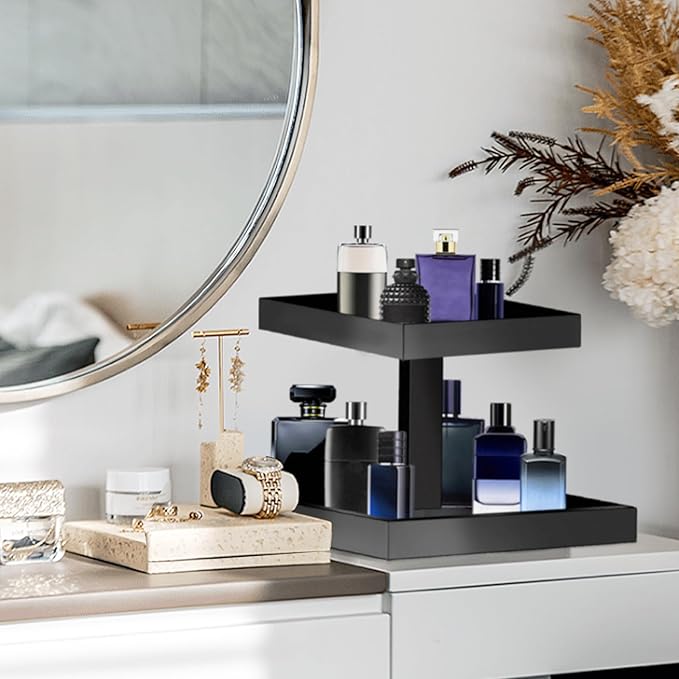YAGELI Black Perfume Organizer for Men, 2 Tier Acrylic Cologne Rack Stand, Rectangular Vanity Storage for Bathroom and Bedroom Countertops, Holds Bottles Up to 6.5 Inches Tall