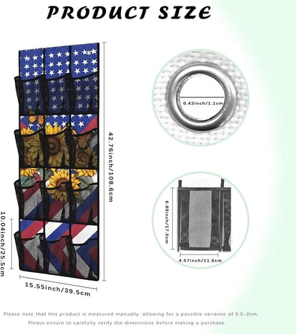 Over The Door Shoe Organizer 12 Large Mesh Pockets Boots Hanging Storage Shoe Rack for Closet Easy to Install Machine Washable,Sunflower American Flag