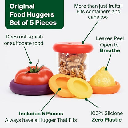 Food Huggers 5pc Reusable Silicone Food Savers | BPA Free | Plastic Free Food Storage | Dishwasher Safe | Fruit & Vegetable Storage for Onion, Tomato, Lemon, Banana & Cans | Round, Autumn Harvest