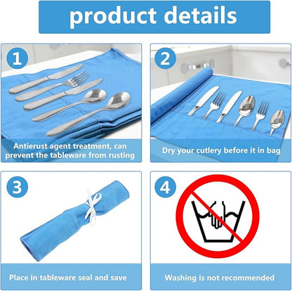 ikaufen 8/10Pcs Silver Storage Bags Anti Tarnish Flannel Protector Bags Blue Holder for Silverware Flatware Storage Organizer Silver Storage Cloth White Ribbon for Kitchen Utensils (10 Pcs)