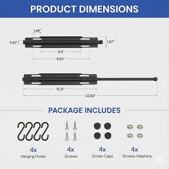 Valet Rod for Closet Pull Out, 12 Inch Retractable Slide Out Closet Rod with 4 Hooks, Heavy Duty Steel Extendable Adjustable Clothes Hanger Rod for Laundry Room, Wardrobe & Bathroom, Black