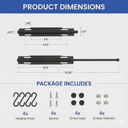 Valet Rod for Closet Pull Out, 12 Inch Retractable Slide Out Closet Rod with 4 Hooks, Heavy Duty Steel Extendable Adjustable Clothes Hanger Rod for Laundry Room, Wardrobe & Bathroom, Black