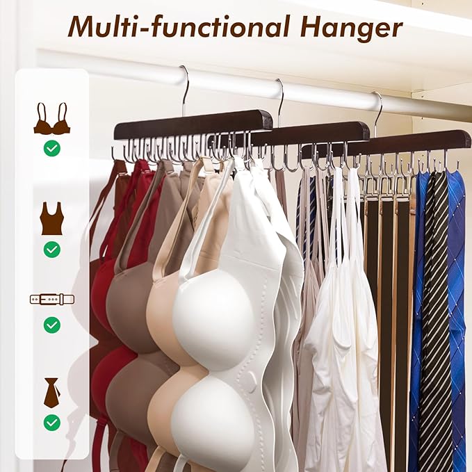 HOUSE DAY Belt Hanger for Closet 2 Pack, 40 Hooks Bra/Tie/Tank Top Hanger, Space Saving Hangers Storage Max 40 Belts/Ties, Sturdy Wooden Belt Rack Closet Accessories