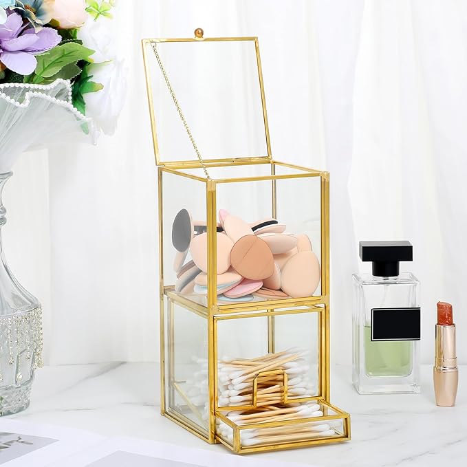 Glass Qtip Holder with Lid, Elegant Glass Q Tip Holder for Bathroom Countertop Organization, 2-Tier Cotton Ball Swab Dispenser with Gold Frame Makeup Pad Cosmetic Storage Case for Vanity Dresser