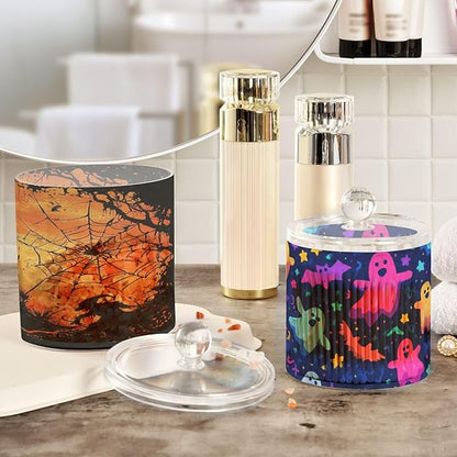 2 Pack Qtip Dispenser Apothecary Jars with Lids Cotton Round Holder Bathroom Canisters for Cotton Swab Floss Ball Pads Clear Plastic Decorative Orange Halloween Castle Ghosts Star