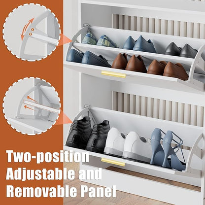 JOZZBY Shoe Cabinet for Entryway, Narrow White Shoe Storage Cabinet with 2 Flip Drawers, Wooden Hidden Shoe Rack Organizer with 2 Tier Freestanding for Hallway, Living Room, Set of 2
