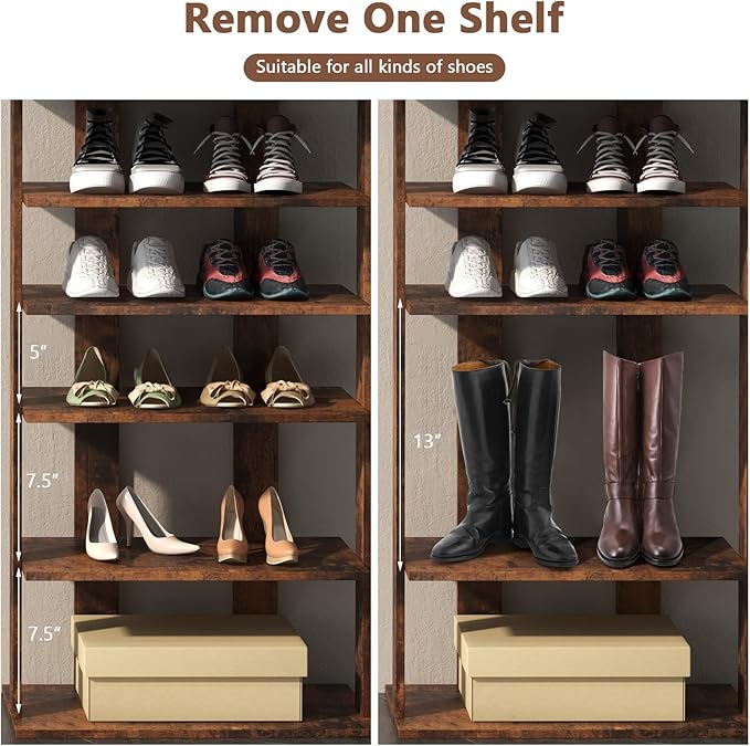 Giantex 8-Tier Wooden Shoe Rack, Patented Double Row Shoe Organizer for 16 Pairs, Customizable Height, Space-Saving Shoe Storage Stand for Entryway, Hallway, Living Room, Bedroom, Brown