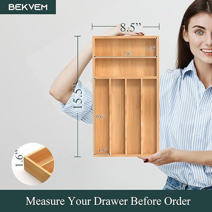 Silverware Organizer, Bamboo Kitchen Drawer Organizer, Utensil Holder, Cutlery Tray & Spoon Flatware Storage with Grooved Drawer Dividers (8.5''W x 15.5''D)