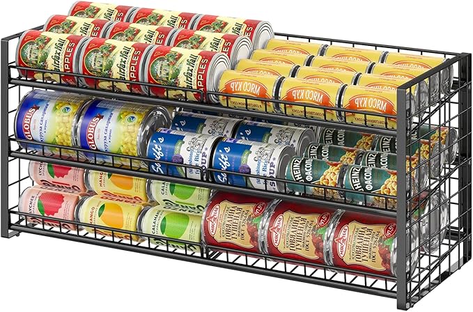 3 Tier Stackable Can Rack Organizer for Pantry Shelf, Adjustable Extra-Long Can Holder for Kitchen Storage, Sturdy Standing Rolling Can Dispenser for Canned Food Goods Drink Soup up to 96, Black