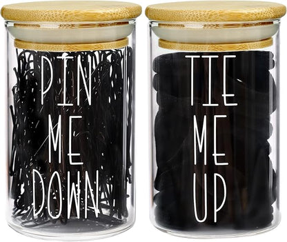 MOMEEMO Apothecary Jars with Lids for Bathroom Storage Organizer, Hair Tie Organizer & Bobby Pin Holder are Great for Bamboo Bathroom Accessories. (Hair Ties & Pins)