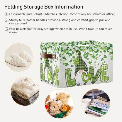 St Patrick's Day Gnome Storage Basket - Shamrock Clovers Cute Fabric Laundry Shelf - Large Foldable Storage Box Cube With Handle - Closet Bin Organizer for Kids Toys Cloth Bedroom