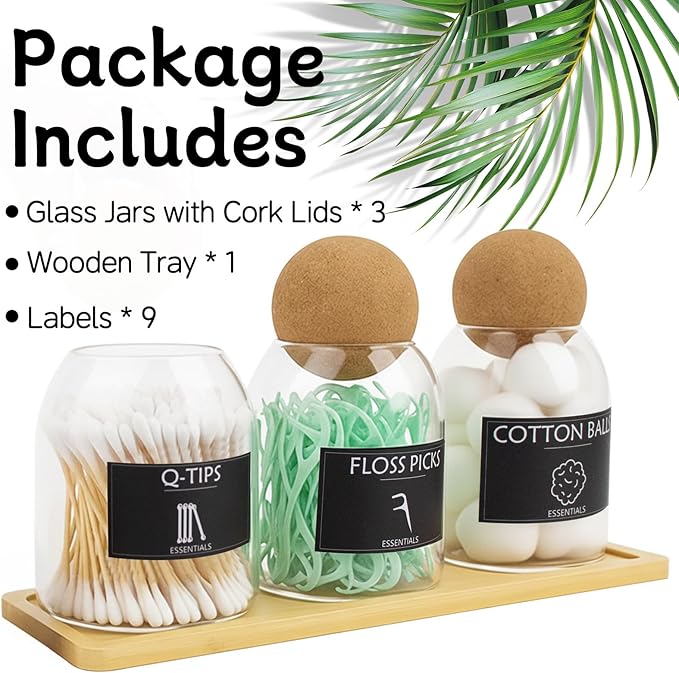3PCS Qtip Holder for Bathroom Set, 17oz Glass Apothecary Jars with Cork Lids and Tray, Cotton Ball and Swab Holder, Bathroom Containers Organizers and Storage with 9 Labels
