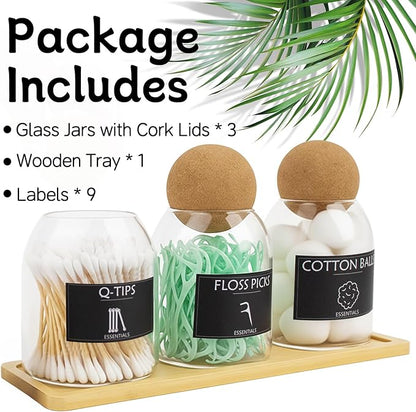 3PCS Qtip Holder for Bathroom Set, 17oz Glass Apothecary Jars with Cork Lids and Tray, Cotton Ball and Swab Holder, Bathroom Containers Organizers and Storage with 9 Labels