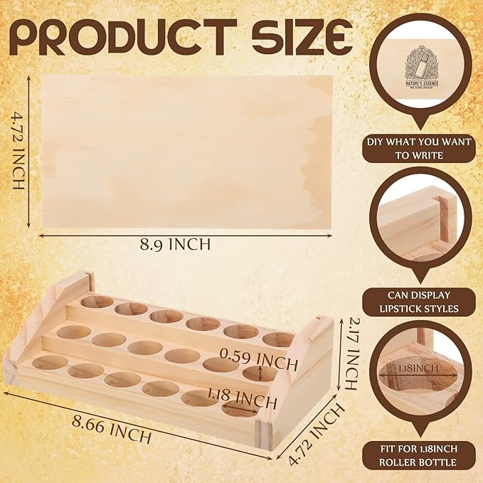 AceOrbit 3 Tier 18 Slots Wooden Essential Oil Organizer with Detachable DIY Board 5-20ml Essential Oils Racks Display Stand Roller Bottle Display Tabletop Storage for Nail Polish Fragrance Container