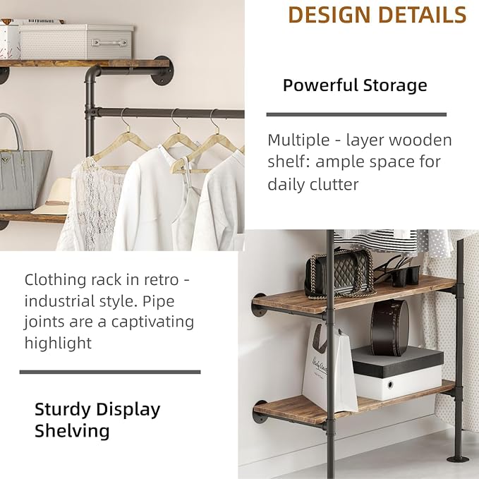 Industrial Pipe Clothing Rack, Wall Mounted DIY Garment Rack with 2 Adjustable Rod & 5 Shelves, Heavy Duty Closet Organizers System in Wardrobe Closet, Black