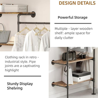 Industrial Pipe Clothing Rack, Wall Mounted DIY Garment Rack with 2 Adjustable Rod & 5 Shelves, Heavy Duty Closet Organizers System in Wardrobe Closet, Black