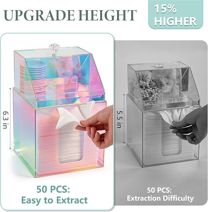 Disposable Facial Towels Storage Compatible with Clean Skin Club Clean Towel XL Double Layer Acrylic Box Cotton Pads Container Qtip Bin Face Towelettes Holder for Bathroom Counter, Glossy Rainbow