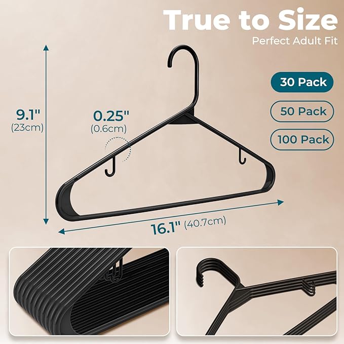 HOUSE DAY Black Plastic Hangers 30 Pack, Plastic Clothes Hangers with Built-in Strap Hooks, Space Saving Slim Hanger for Closet Organizers and Storage, Durable Clothing Hanger for Shirts Blouses Tops