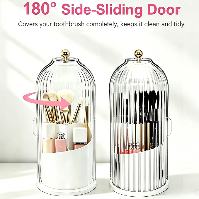 360° Rotating Makeup Brush Holder, Cosmetic Organizer with 180° Sliding Lid, Beauty Brush Storage for Vanity, Desk, Bathroom Countertop