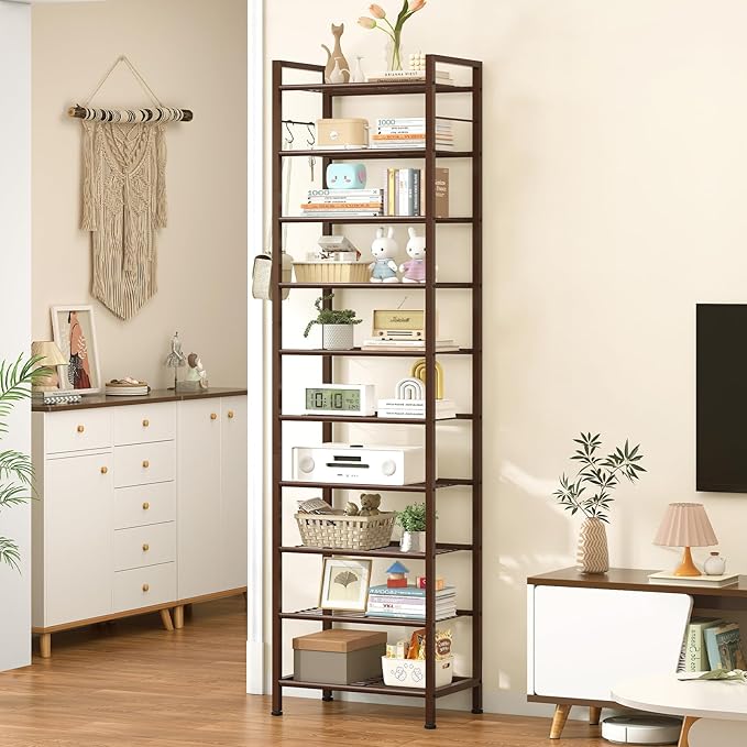 usikey 10 Tiers Narrow Shoe Rack 20-30 Pairs, Sturdy Metal Tall Shoe Rack Shelf with 4 Hooks, Slim Shoe Storage with Metal Shelf, Space Saving Vertical Shoe Organizer for Entryway Bronze UNYXJX018A