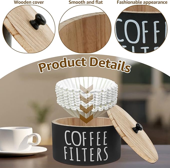 Coffee Filter Holder - Wooden Coffee Storage Container with Lid, Multipurpose Filter Dispenser, Sturdy Coffee Pod Organizer for Bar Counter Decor (Black)