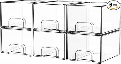 Yieach 6 Pack Small Stackable Storage Drawers,4.4 Inch Tall Stacking Acrylic Clear Storage Bins for Bathroom Vanity,Undersink,Pull Out Drawer Organizers for Beauty,Makeup,Medicine Cabinet Organizers