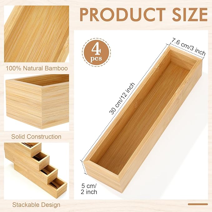 4 Pcs Bamboo Drawer Organizer Stackable Utensil Organizer for Kitchen Bamboo Storage Box Wood Silverware Tray for Drawer, Dresser, Bathroom 12" x 3" x 2"