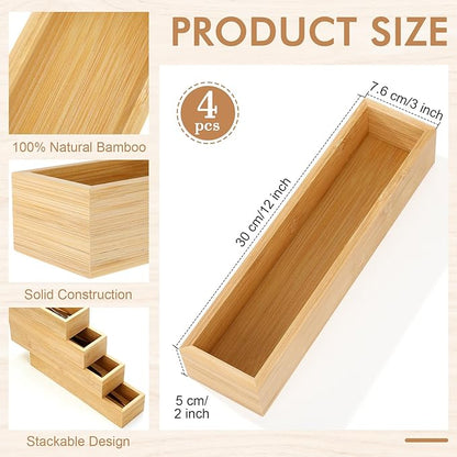 4 Pcs Bamboo Drawer Organizer Stackable Utensil Organizer for Kitchen Bamboo Storage Box Wood Silverware Tray for Drawer, Dresser, Bathroom 12" x 3" x 2"