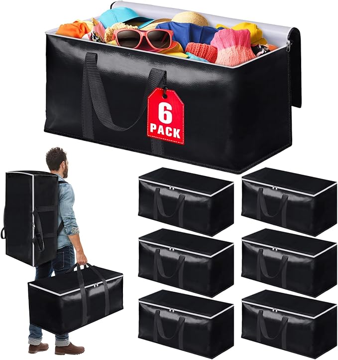 StoreHappily Heavy-Duty & Extra Capacity Moving Bags with Backpack Straps, Storage Totes with Double Zipper & Strong Handles, Packing Bags Alternative to Moving Boxes, Moving Supplies (6 Pack, Black)