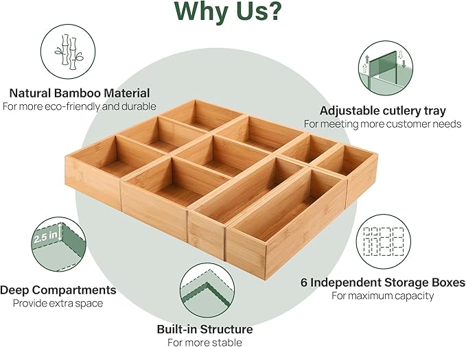Kootek 6 Pcs Bamboo Drawer Organizer Utensil Tray Kitchen Storage Box 3-Size Versatile Dividers Cutlery Holders Bins Containers for Flatware Kitchen Utensils