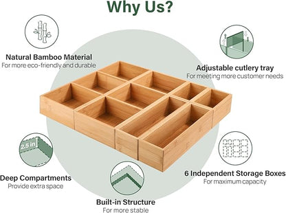 Kootek 6 Pcs Bamboo Drawer Organizer Utensil Tray Kitchen Storage Box 3-Size Versatile Dividers Cutlery Holders Bins Containers for Flatware Kitchen Utensils