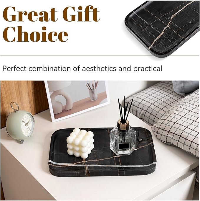 Koville Marble Tray, 12"x8" Natural Marble Vanity Tray for Countertop Bathroom Kitchen Dresser, Decorative Catchall Trays for Perfume Jewelry, Rectangular Stone Serving Tray(Black)
