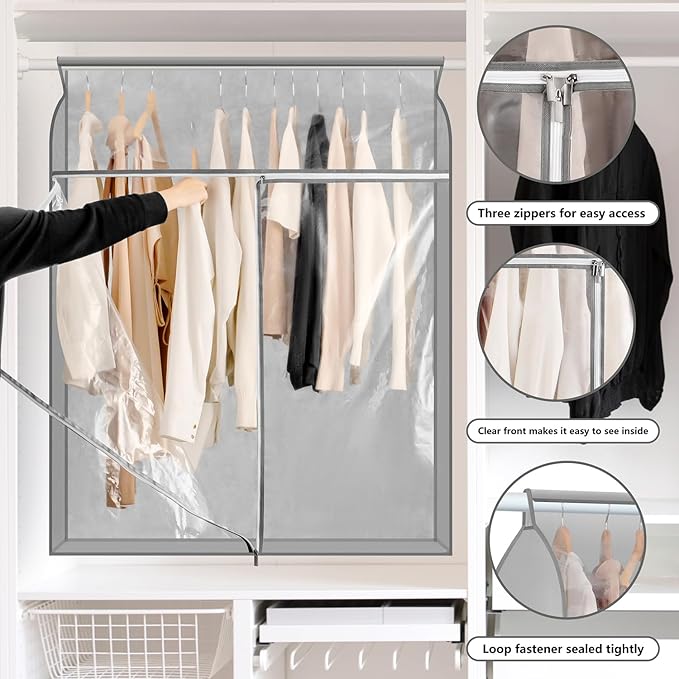 Garment Bags for Hanging Clothes Storage Closet Garment Rack Cover Dust Proof Coat Protector for Suits Jackets with Large Clear Window (Grey)