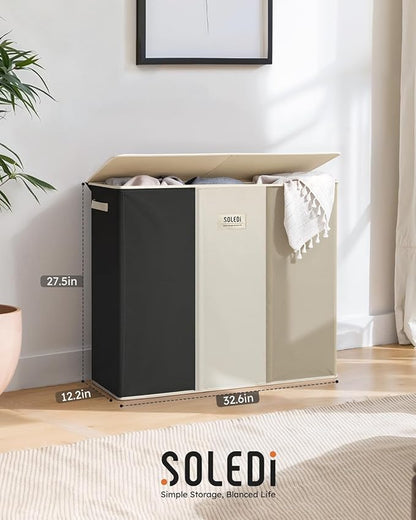 SOLEDI 180L 3-Section Laundry Hamper with Lid, Extra Large Dirty Clothes Basket with Sturdy Handles for Laundry Room & Bedroom - Durable Organizer for Sorting Laundry