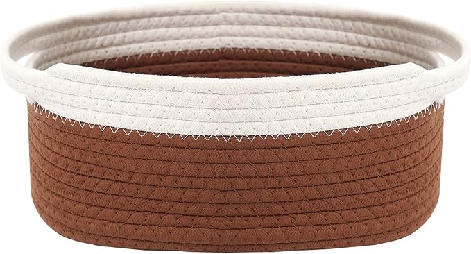 JMvicyroam Woven Basket,Small Rope Storage Bin with Handles & Ribbon Bag, Organizer for Shelves Closets,Gift Basket Empty for Birthday,Books,Dog Toys, White&Brown