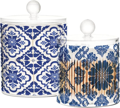 2 Pack Qtip Dispenser Apothecary Jars with Lids Cotton Round Holder Bathroom Canisters for Cotton Swab Floss Ball Pads Clear Plastic Decorative Floral Blue and White Tile